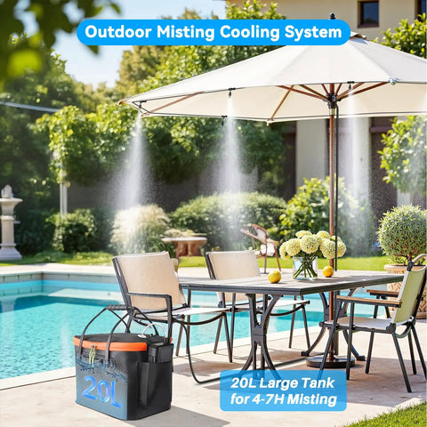 Portable Outdoor Misting System Kit With 6000mAh Pump, 20L Bucket, And 26Ft Hose cooling patio near pool.