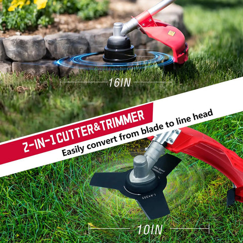 Gas String Trimmer 3-In-1 Trimmer Edger And Brush Cutter with 16-inch cutting path and 10-inch metal blade.
