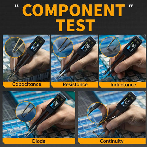 Digital SMD Tweezers ESR Meter Handheld Multimeter for precise component verification during PCB repair and testing.
