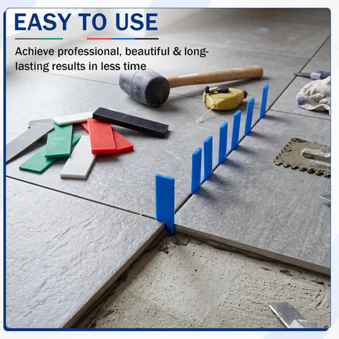 60 Piece Plastic Glazing Blocks And Flat Shims Three Sixteenths To Fifteen Sixteenths Inch arranged on tile floor for precise leveling during installation.