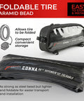 Foldable 700x23c Road Bike Tire with Aramid Bead and Storage Case, featuring puncture resistant slick tread and easy installation.