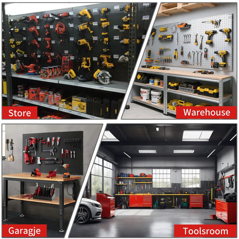 Different views of storage setups for power tools including store, warehouse, garage, and tools room with various tool organizers.
