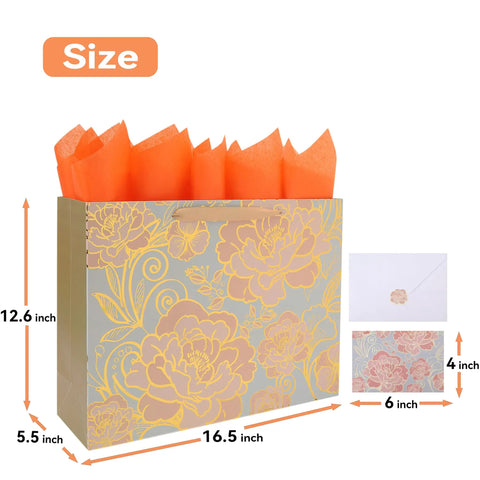 16.5 Inch Extra Large Rose Gold Gift Bag Set With Handles Greeting Card Tissue Paper And Stickers For Women And Girls