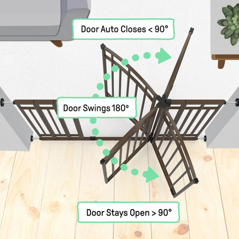 Diagram showing Extra Tall Baby And Pet Gate For Stairs And Doorways No Drill Pressure Mounted with swing directions labeled.