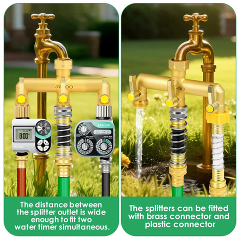 Heavy Duty Brass Garden Hose Splitter Three Way With Metal Shutoff Valve And Extension Handle Three Quarter Inch Connection on outdoor faucet