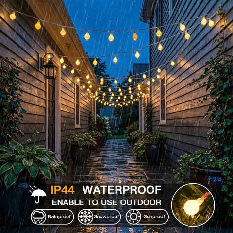 Warm White 33Ft 100 LED Connectable Globe String Lights With Remote for rainy outdoor decor in a garden pathway