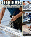 Worker using 15.25 Inch Sheet Metal Bender Hand Tool With 1 Inch Fold Depth Manual Hemming Tool for HVAC and roofing applications.