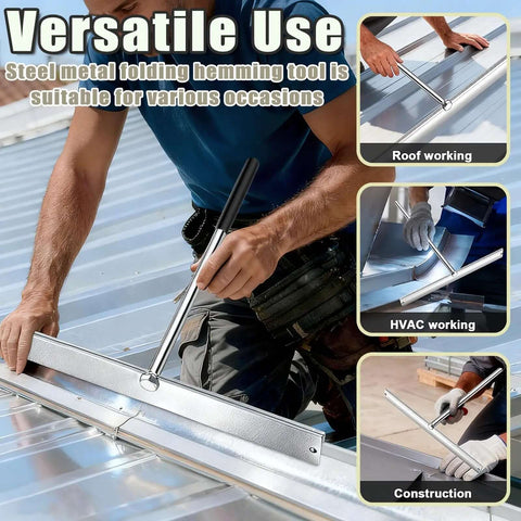 Worker using 15.25 Inch Sheet Metal Bender Hand Tool With 1 Inch Fold Depth Manual Hemming Tool for HVAC and roofing applications.