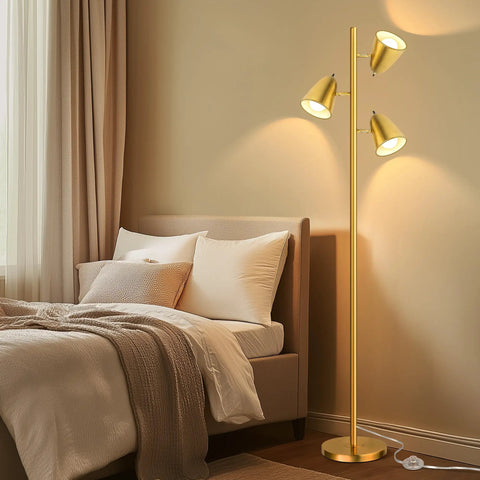 Three Arm Floor Lamp With 360 Degree Adjustable Reading Arms In Brushed Gold Tall Pole Standing Lamp For Living Room Bedroom And Home Office Stand Up Lamp For Cozy Task Lighting next to bed
