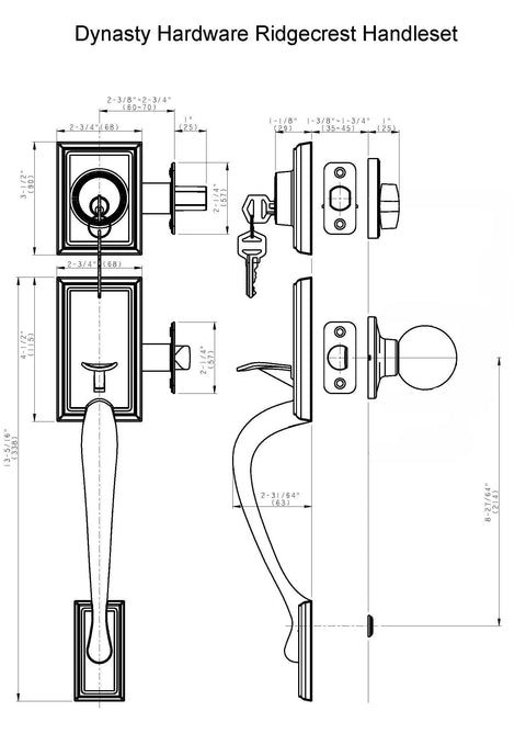 Technical drawing of Ridgecrest Front Door Handleset With Vail Lever, Satin Nickel US15 Finish, Adjustable Backset specifications