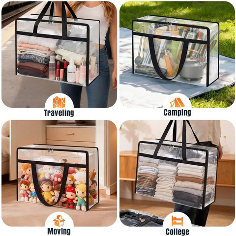 60L under bed storage bags with lids and sturdy handles shown for traveling, camping, moving, and college use