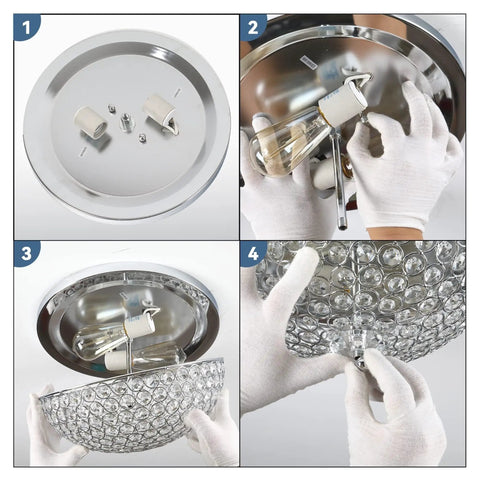 Installation steps for Crystal Flush Mount Ceiling Light Two Light Fixture With Chrome Finish And Sparkling Crystal Bowl Shade, Bulbs Included