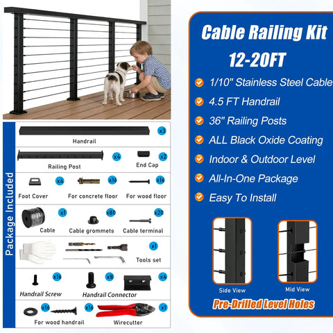 Black Cable Railing Post Kit With Handrail, Four Pack 36 Inch Level Posts, Two Hundred Six Feet Of One Tenth Inch Stainless Wire Rope
