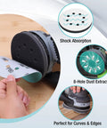 5 Inch Orbital Sander Accessory Kit With 4 Foam Interface Pads And 8 Hole Hook And Loop Sanding Discs in use on wood surface