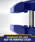 Clamp On Vise That Rocks A 3 Inch Jaw, Anvil Shaping Horn, And Pipe Jaws, Easy Clamp On For Tables Up To 2 Inch Thick, Sturdy Portable Vise for woodworking and metalworking, Model 226303 showing pipe jaws