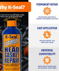 Bottle of Ultimate Head Gasket And Block Repair Sealant For Cars Stops Coolant Leaks Permanently Seals Blown Gaskets Cracked Heads And Porous Engine Blocks 472ML with car engine background.