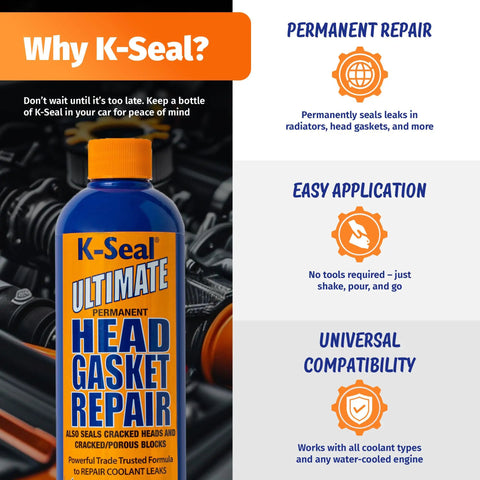 Bottle of Ultimate Head Gasket And Block Repair Sealant For Cars Stops Coolant Leaks Permanently Seals Blown Gaskets Cracked Heads And Porous Engine Blocks 472ML with car engine background.