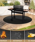 43 Inch Fire Pit Mat For Bonfire And Solo Stove below grill on patio deck, showing fireproof, waterproof, oil-proof properties.