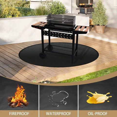 43 Inch Fire Pit Mat For Bonfire And Solo Stove below grill on patio deck, showing fireproof, waterproof, oil-proof properties.