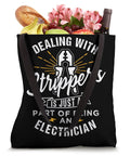 Heavy Duty Wire Strippers Electrician Pun Tote Bag For Real Deal Dads And Guys Who Hit The Power, black canvas bag with tools and fruits.