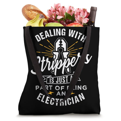 Heavy Duty Wire Strippers Electrician Pun Tote Bag For Real Deal Dads And Guys Who Hit The Power, black canvas bag with tools and fruits.