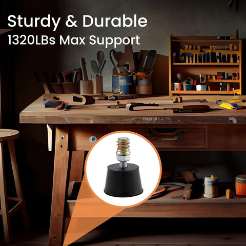 Top Tier Heavy Duty Rubber Furniture Leveling Feet With Reliable M6 Threads Easy Install Table And Chair Sliders For Banishing Floor Wobbles And Keeping Your Gear Planted Firm 8 Pack on sturdy workbench