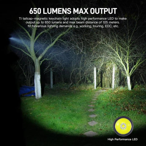 Ti2 EDC Flashlight illuminating dark forest path demonstrating 120 lumen output and waterproof capabilities for everyday carry.