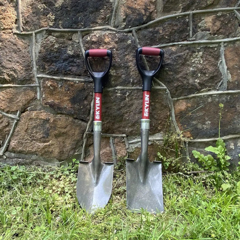 Two Piece Mini Garden Shovel Set With Fiberglass Short Handles, 14 Gauge Steel Blades, D Grip, Rust Resistant Finish
