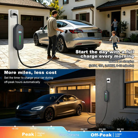 Portable Level 1 And 2 EV Charger For Tesla Models Y 3 X S Cybertruck with NEMA plug shown charging at home