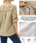 Women's UPF 50 Long Sleeve Safari Shirt For All Day Outdoorsy Adventures With Quick Dry Moisture Wicking Tech Lightweight And Stain Resistant Fabric Great For Fishing Hiking Travel In Khaki Size M shown from back with mesh-lined vented detail.