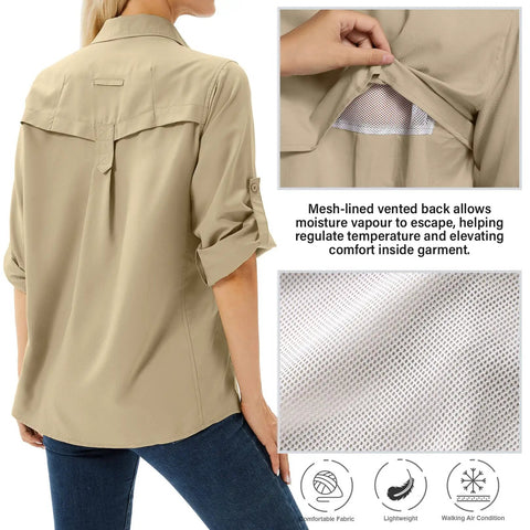 Women's UPF 50 Long Sleeve Safari Shirt For All Day Outdoorsy Adventures With Quick Dry Moisture Wicking Tech Lightweight And Stain Resistant Fabric Great For Fishing Hiking Travel In Khaki Size M shown from back with mesh-lined vented detail.