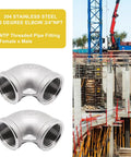 Two Pack Three Quarter Inch NPT Female to Female 90 Degree Stainless Steel Pipe Elbow Fittings, ideal for water and gas piping, shown with construction site background