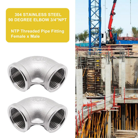 Two Pack Three Quarter Inch NPT Female to Female 90 Degree Stainless Steel Pipe Elbow Fittings, ideal for water and gas piping, shown with construction site background