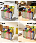 Three Tier Drink Packet Organizer Rack With Twelve Compartments Sugar Packets Powdered Drink Mix Holder in various settings
