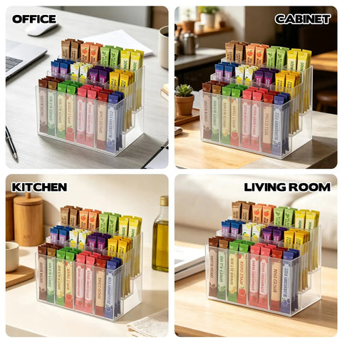 Three Tier Drink Packet Organizer Rack With Twelve Compartments Sugar Packets Powdered Drink Mix Holder in various settings