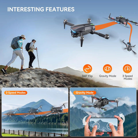 Foldable Brushless Drone With 2K HD Camera performing 3D flip and gravity mode above hikers and outdoor scenery