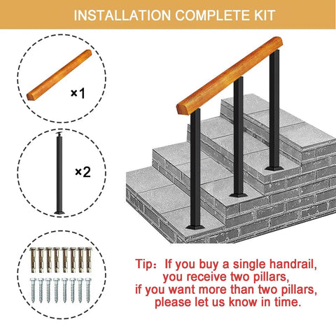 Rock Solid Wooden Stair Railing Heavy Duty Floor Mounted Handrail For Three To Four Steps with installation kit components.