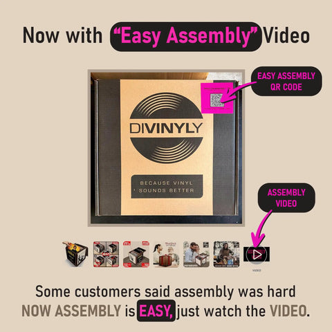 Rotating Vinyl Record Storage Box 4 In 1 Wooden Display Cube For 100 LP Records assembly video and QR code.