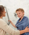 Woman and child using 24 Inch Handicap Grab Bar For Bath And Shower With Curled Grip No Slip Brushed Nickel Heavy Duty Stainless Steel