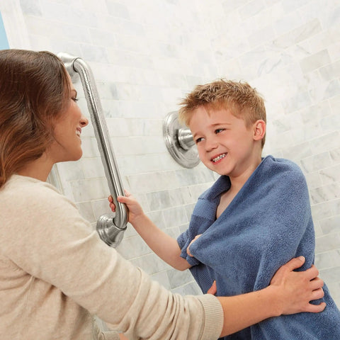 Woman and child using 24 Inch Handicap Grab Bar For Bath And Shower With Curled Grip No Slip Brushed Nickel Heavy Duty Stainless Steel