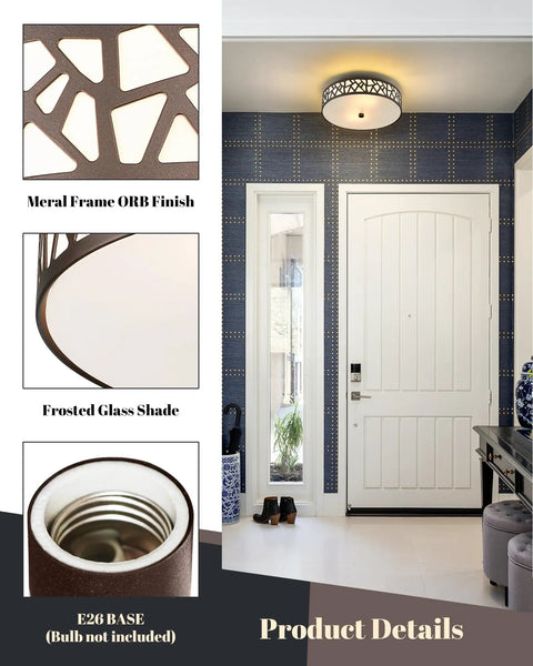Two Light Vintage Flush Mount Ceiling Light With Frosted Glass Shade In Oil Rubbed Bronze For Hallway Kitchen Bathroom And Bedroom A 12 Inch Ceiling Fixture That Delivers Classic Warm Ambience And Clean Modern Look installed at entryway.