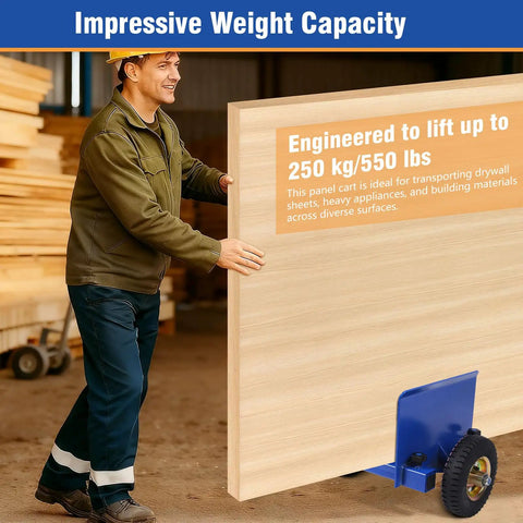 Heavy Duty Door Cart With 550 Lb Load Capacity And Secure Clamp For Moving Stone Glass Drywall And Fences; man using cart with large panel.