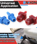 All in One Master Cylinder Brake Bleeder Kit with 22 Inch Hoses, red and blue fittings shown for universal fit.