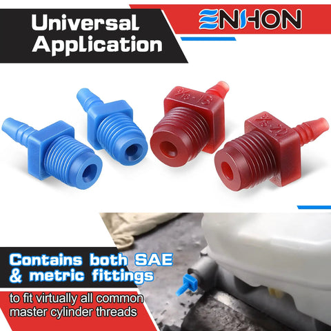 All in One Master Cylinder Brake Bleeder Kit with 22 Inch Hoses, red and blue fittings shown for universal fit.