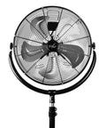 Industrial 20 Inch Drum Fan with heavy duty high velocity metal pedestal, front view showing 5 stainless blades and adjustable height