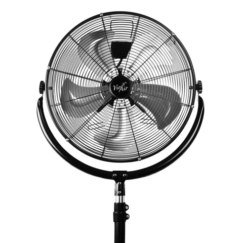 Industrial 20 Inch Drum Fan with heavy duty high velocity metal pedestal, front view showing 5 stainless blades and adjustable height