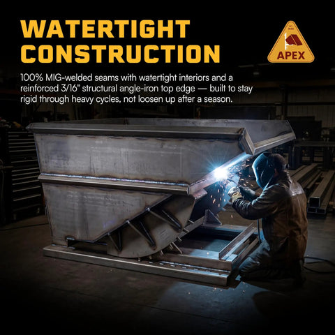 Welded Tough As Nails 3 Yard Self Dumping Hopper Forklift Tilt Skip Handles 8000 Lb Loads Made In USA with watertight construction.