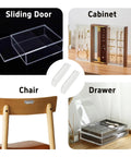 Collage showing uses of 12 Pack Transparent Acrylic Drawer Pulls 2 Inch Mini Clear Glass Look Cabinet Handles on sliding door, cabinet, chair, and drawer