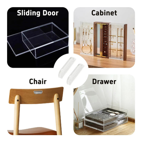 Collage showing uses of 12 Pack Transparent Acrylic Drawer Pulls 2 Inch Mini Clear Glass Look Cabinet Handles on sliding door, cabinet, chair, and drawer
