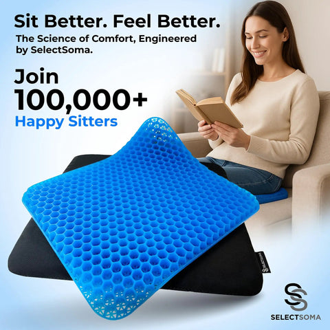 Woman using Double Thick Gel Seat Cushion For All Day Comfort And Pressure Relief For Back Sciatica Coccyx And Tailbone Pain Ideal For Office Chairs Wheelchairs Cars Trucks And Patio Seating Egg Seat Pad